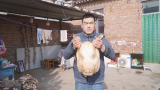 阿远买了个14斤的猪头，铁锅卤1小时再泡，切盘蘸蒜汁吃，舒坦